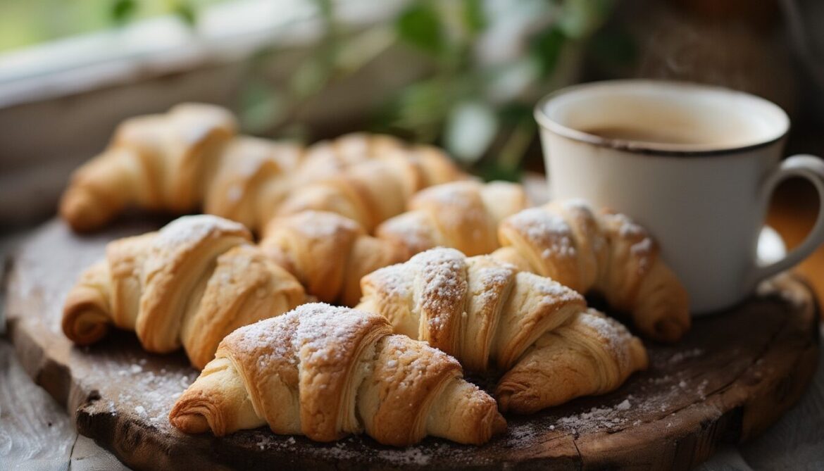 Selbstgebackene Vanillehörnchen mit Puderzucker bestäubt auf einem Holzbrett neben einer Tasse Kaffee