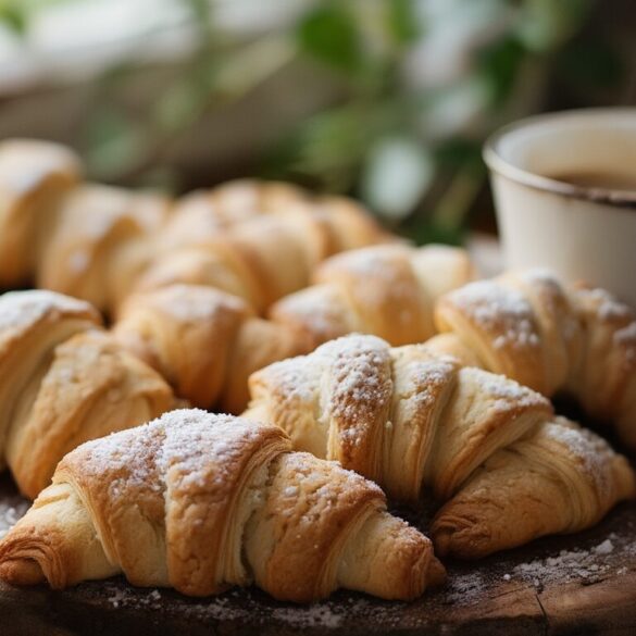 Vanillehörnchen Rezept: mürbe, buttrig und einfach selbst gebacken Selbstgebackene Vanillehörnchen mit Puderzucker bestäubt auf einem Holzbrett neben einer Tasse Kaffee