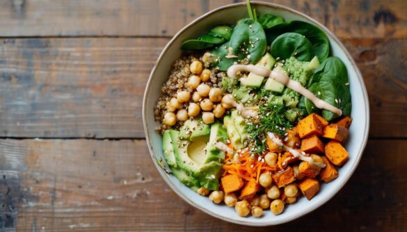 Vegane Buddha Bowl mit Quinoa, gerösteten Kichererbsen, Süßkartoffel, Avocado und Tahini-Dressing in einer hellen Schüssel