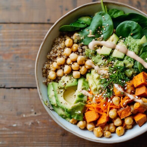 Vegane Buddha Bowl mit Quinoa, gerösteten Kichererbsen, Süßkartoffel, Avocado und Tahini-Dressing in einer hellen Schüssel