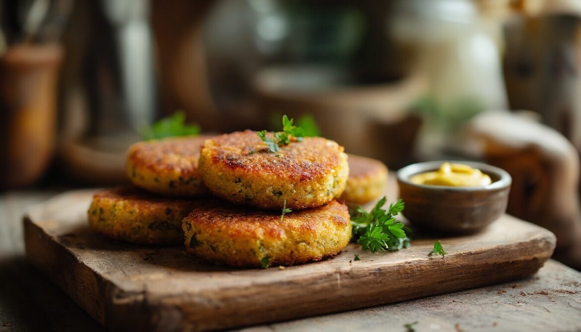 Goldbraun gebratene vegane Frikadellen ohne Ei auf einem Holzbrett mit frischer Petersilie