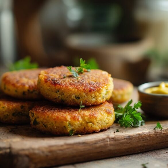 Goldbraun gebratene vegane Frikadellen ohne Ei auf einem Holzbrett mit frischer Petersilie
