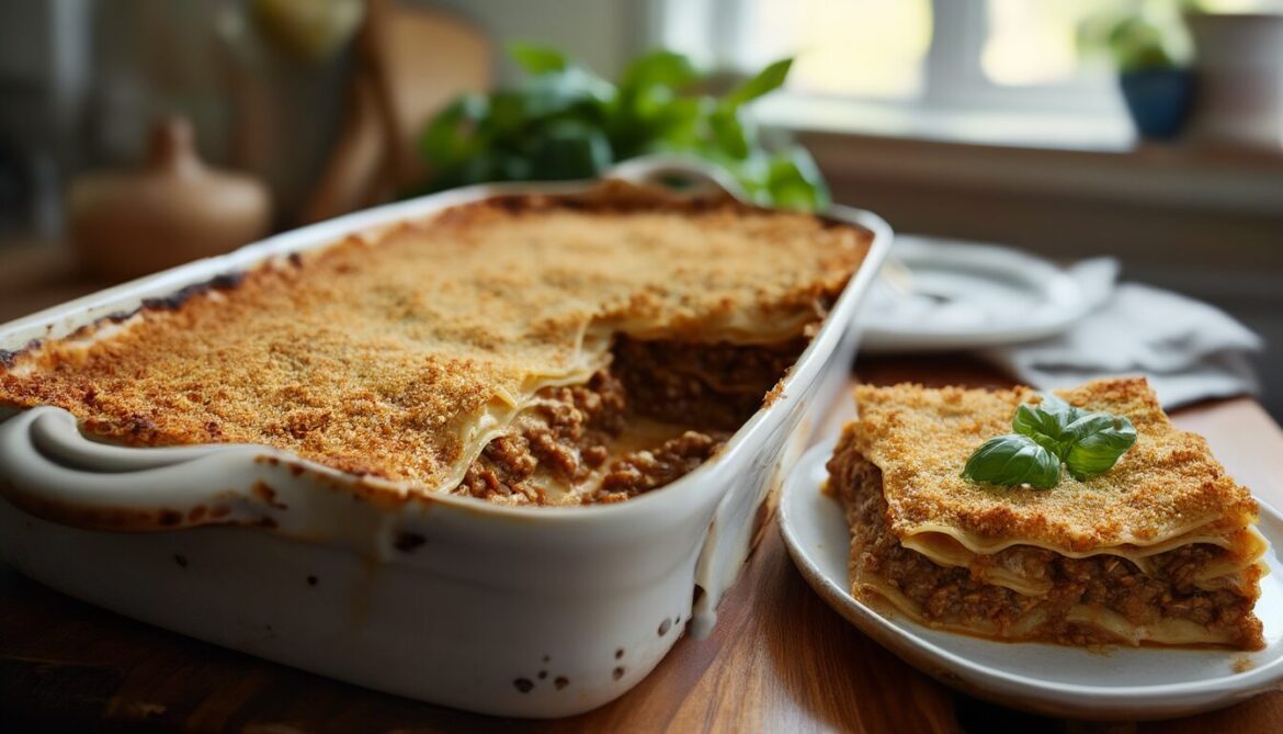 Vegane Linsen-Lasagne mit cremiger Cashew-Béchamel und goldener Kruste in einer Auflaufform, ein Stück herausgenommen zeigt die Schichten