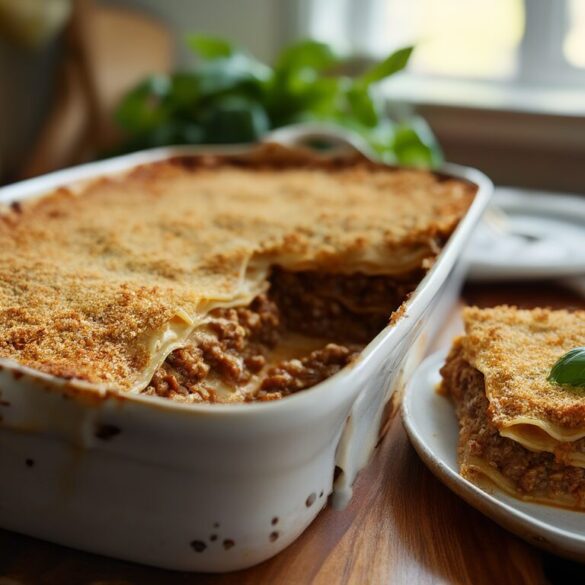Vegane Linsen-Lasagne mit cremiger Cashew-Béchamel und goldener Kruste in einer Auflaufform, ein Stück herausgenommen zeigt die Schichten