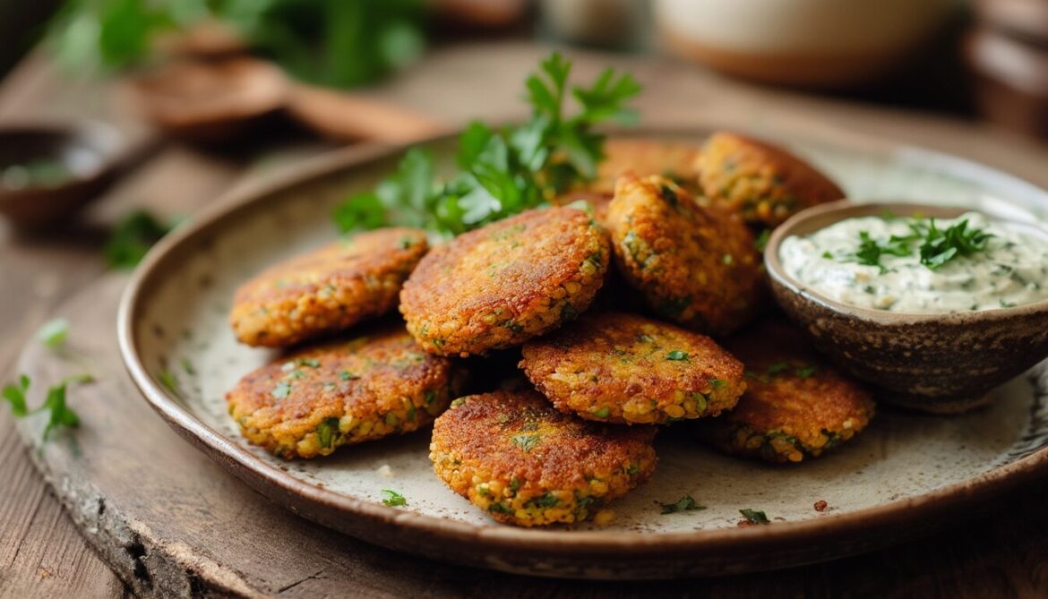 Knusprige goldbraune vegane Linsenbratlinge aus roten Linsen auf einem Teller mit Petersilie und Kräuterdip