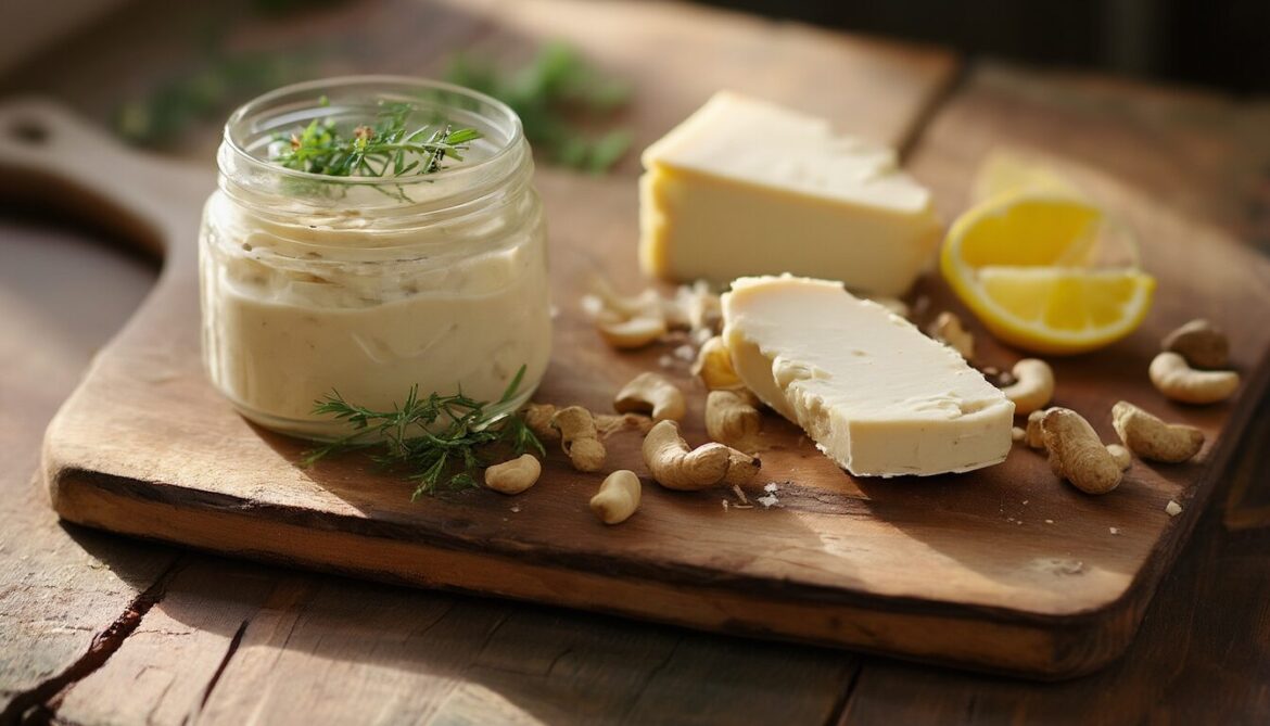 Selbst gemachter veganer Cashewkäse cremig im Glas und schnittfest in Scheiben auf einem Holzbrett