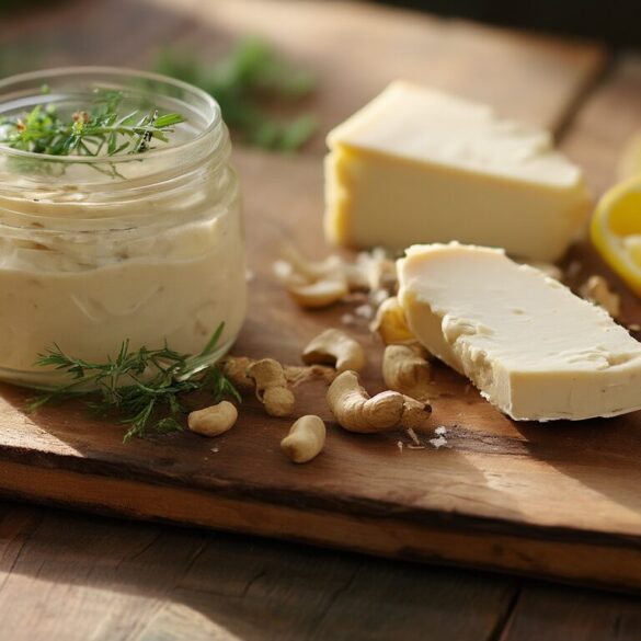 Selbst gemachter veganer Cashewkäse cremig im Glas und schnittfest in Scheiben auf einem Holzbrett