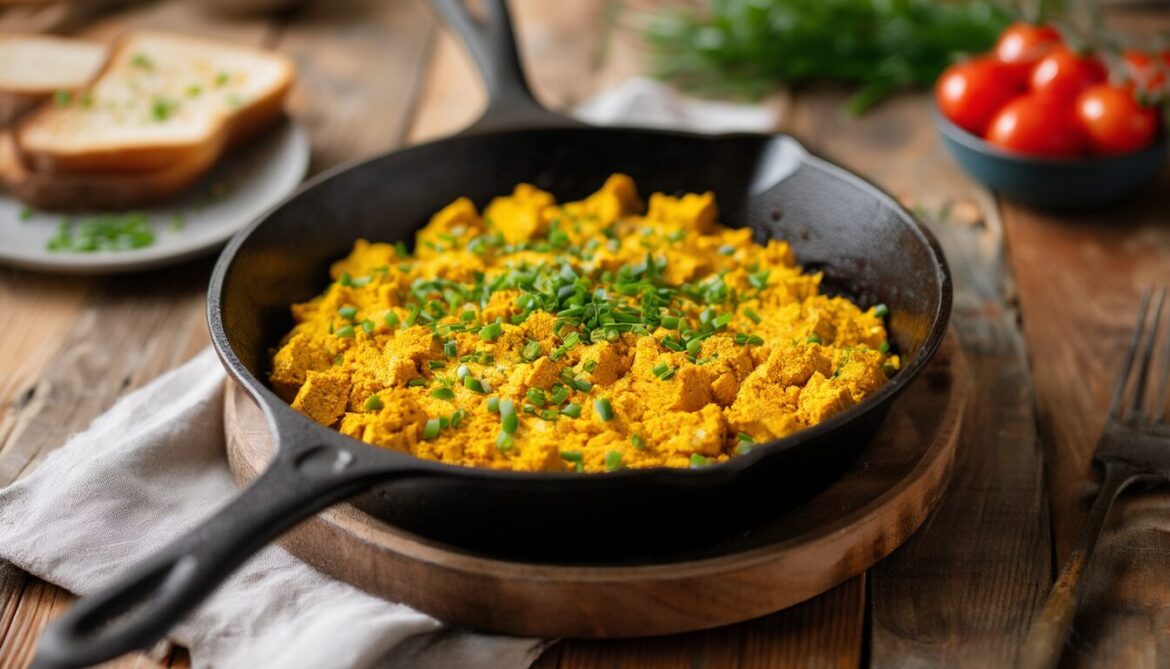 Veganes Rührei aus Tofu mit Schnittlauch in einer gusseisernen Pfanne