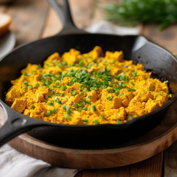 Veganes Rührei aus Tofu mit Schnittlauch in einer gusseisernen Pfanne