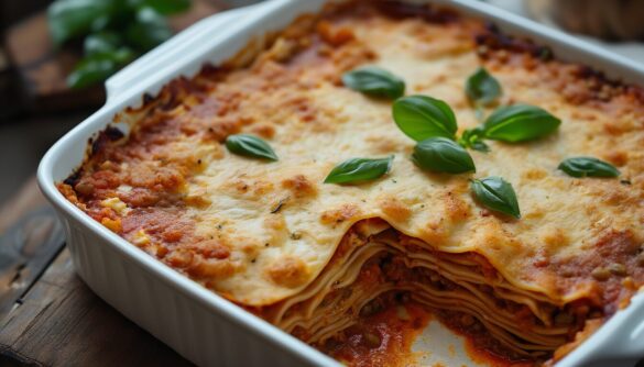 Vegetarische Lasagne ohne Hackfleisch mit roten Linsen und Gemüse in einer weißen Auflaufform, eine Portion herausgeschnitten