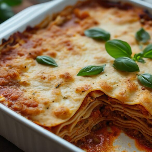 Vegetarische Lasagne ohne Hackfleisch mit roten Linsen und Gemüse in einer weißen Auflaufform, eine Portion herausgeschnitten