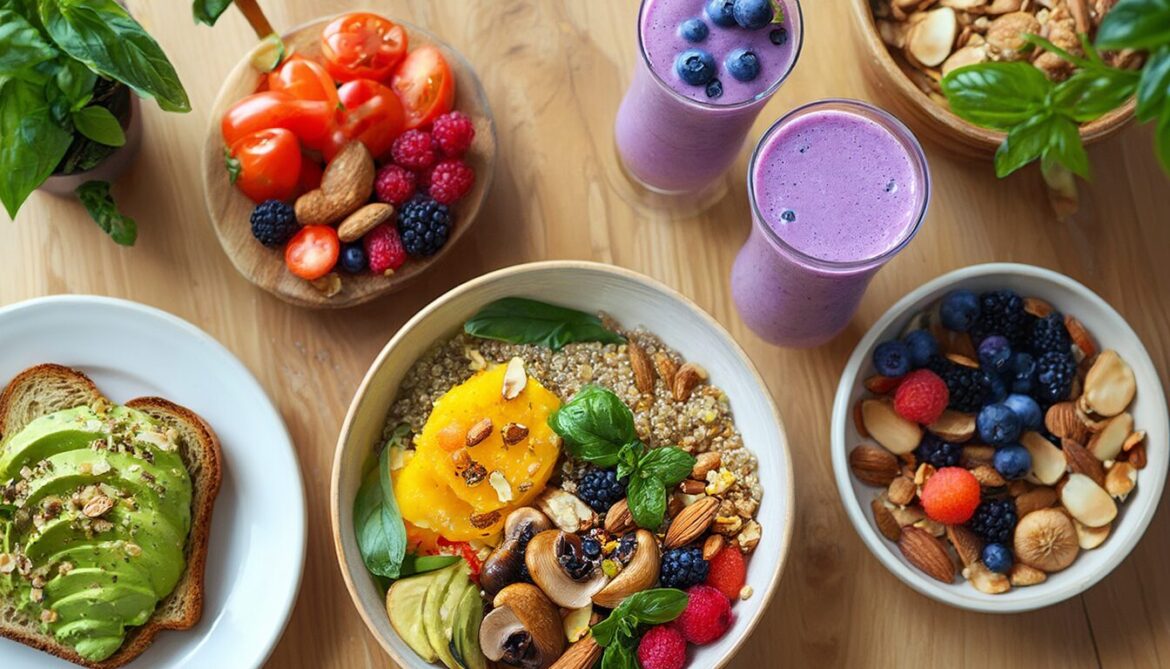 Fünf vegetarische und vegane Frühstücksgerichte von oben: Avocado-Toast, Quinoa-Bowl, Beeren-Smoothie, Veggie-Omelett und Müsli mit Beeren