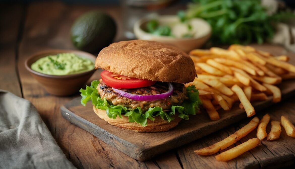 Selbst gemachter Veggie-Burger mit cremiger Avocado-Sauce und knusprigen Ofen-Pommes auf einem Holztisch