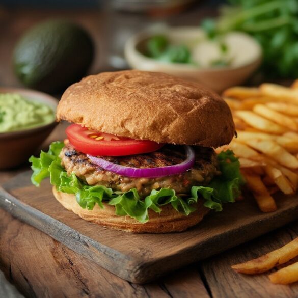 Veggie-Burger mit Avocado-Sauce und Ofen-Pommes Selbst gemachter Veggie-Burger mit cremiger Avocado-Sauce und knusprigen Ofen-Pommes auf einem Holztisch