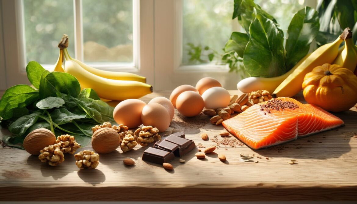 Lachs, Eier, Spinat, Mandeln, Kürbiskerne und Bananen auf einem hellen Holztisch als Quellen für Vitamin D, B-Vitamine und Magnesium