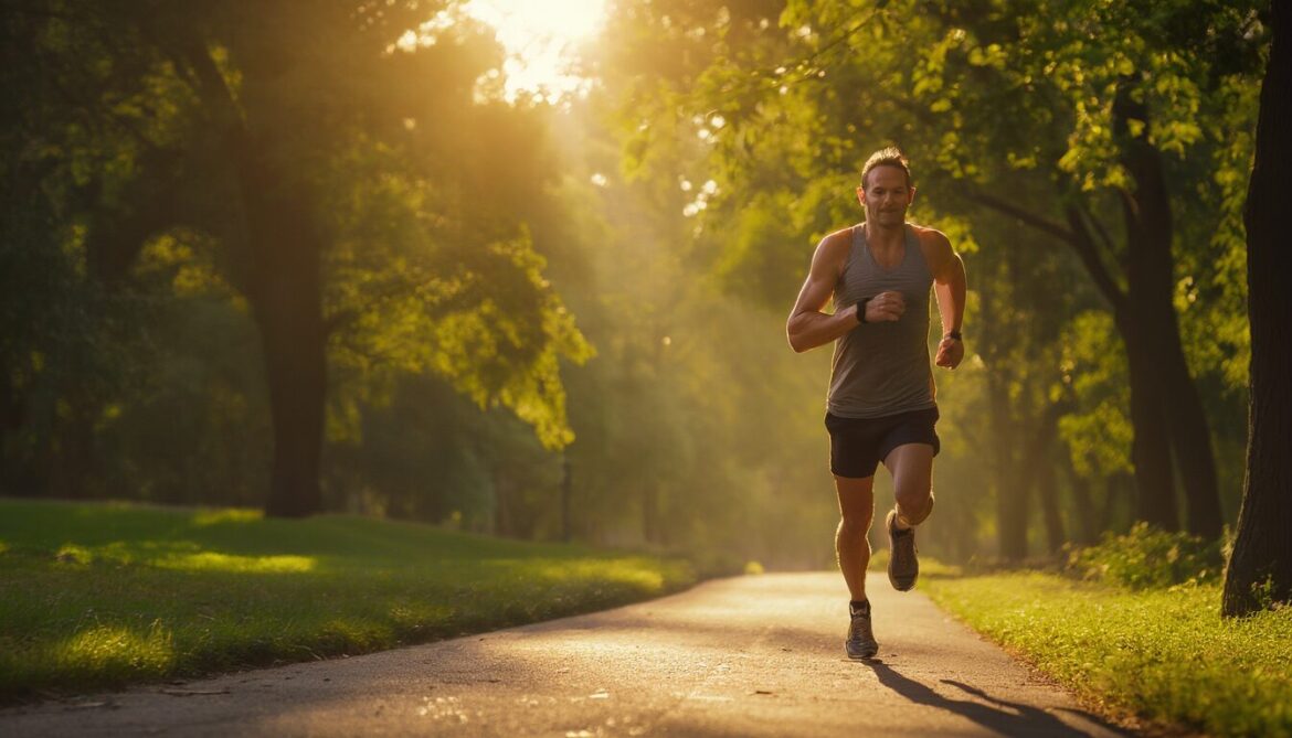 Person joggt am frühen Morgen auf einem Parkweg im Sonnenlicht als Symbol für regelmäßige Fitness