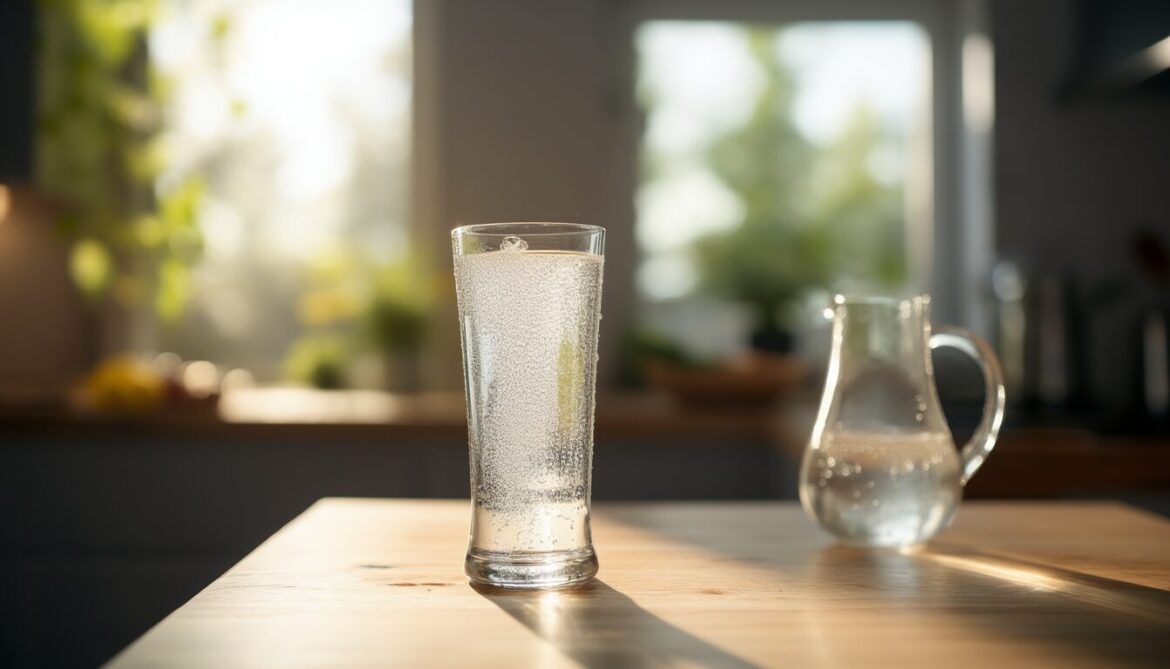 Glas frisches Wasser auf einem Holztisch als Symbol für ausreichende Flüssigkeitszufuhr