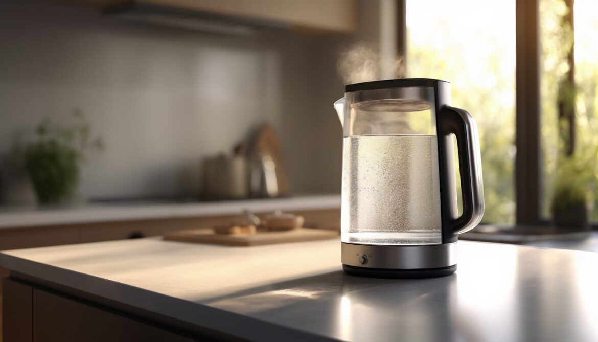 Plastikfreier Wasserkocher aus Glas und Edelstahl mit dampfendem Wasser auf heller Küchenarbeitsplatte