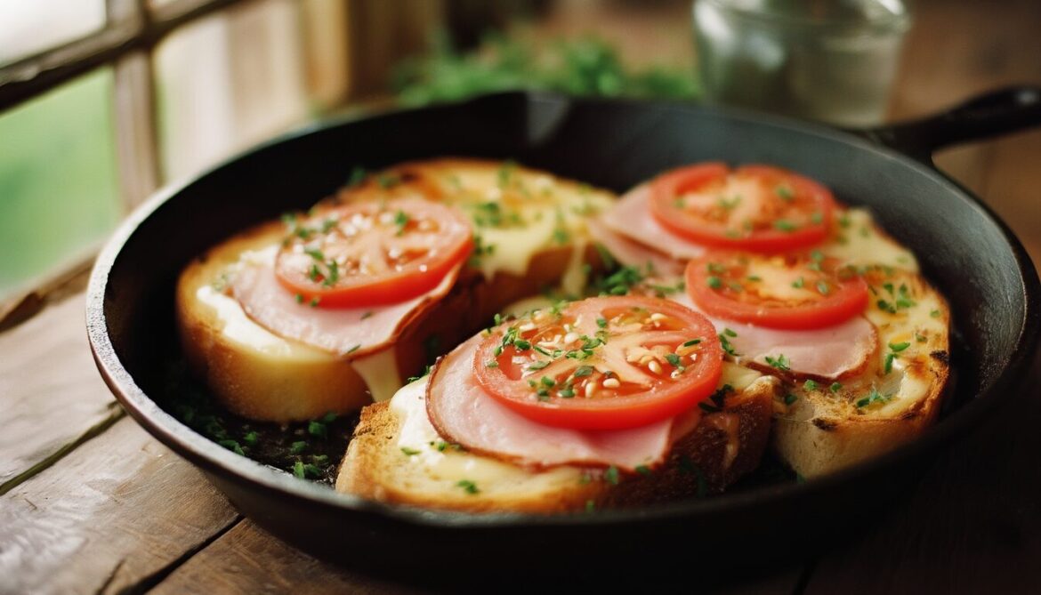 Goldbraun gebratenes Weißbrot mit geschmolzenem Käse, Schinken und Tomatenscheiben in einer Pfanne, garniert mit Schnittlauch