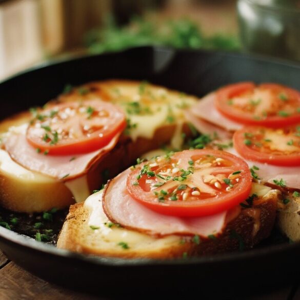 Weißbrot mit Käse, Schinken und Tomaten aus der Pfanne Goldbraun gebratenes Weißbrot mit geschmolzenem Käse, Schinken und Tomatenscheiben in einer Pfanne, garniert mit Schnittlauch