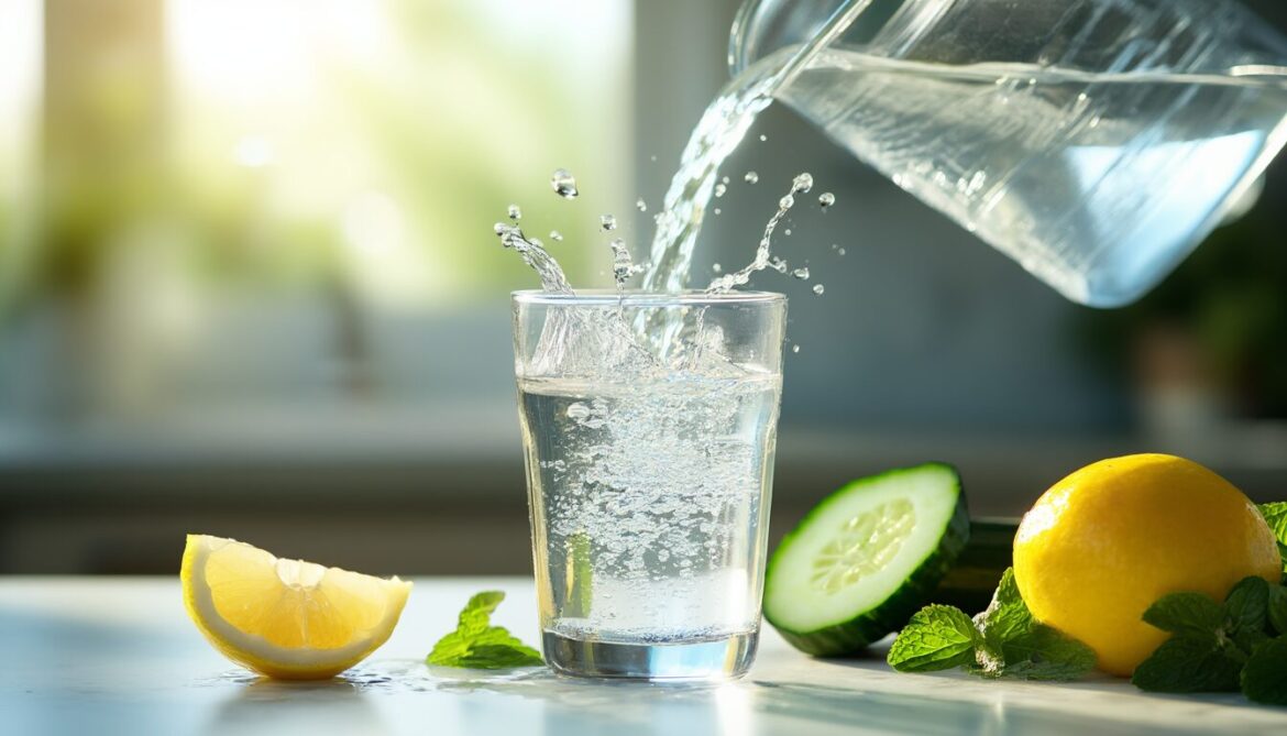 Frisches Wasser wird aus einer Karaffe in ein Glas gegossen, daneben Zitrone und Gurke