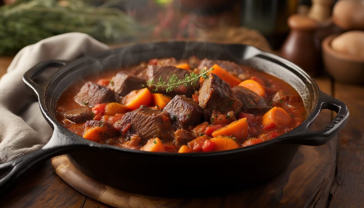 Pfälzisches Wildschweingulasch mit Rotweinsauce und Thymian in einem gusseisernen Schmortopf