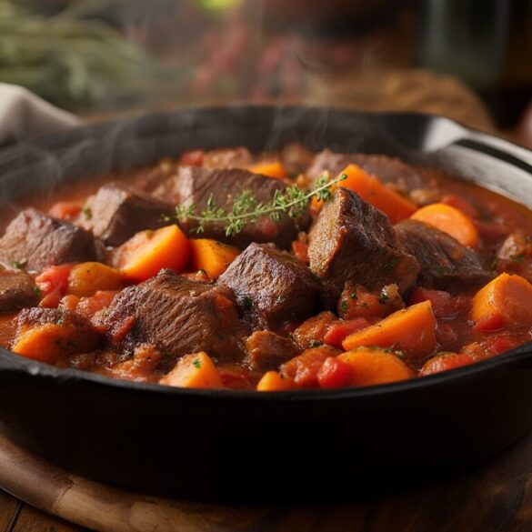Wildschweingulasch: Pfälzer Rezept, das wirklich zart wird Pfälzisches Wildschweingulasch mit Rotweinsauce und Thymian in einem gusseisernen Schmortopf