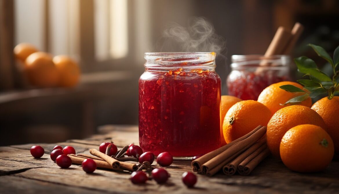 Glaeser mit selbstgemachter Winter Marmelade aus Orangen und Cranberries mit Zimtstangen auf einem Holztisch