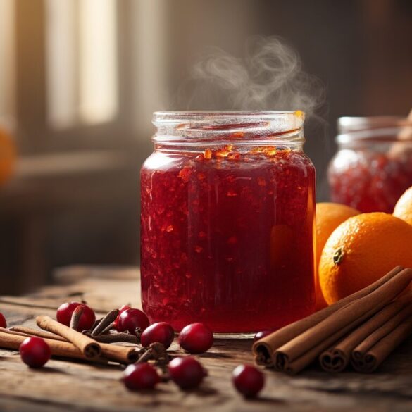 Winter Marmelade selber machen Glaeser mit selbstgemachter Winter Marmelade aus Orangen und Cranberries mit Zimtstangen auf einem Holztisch