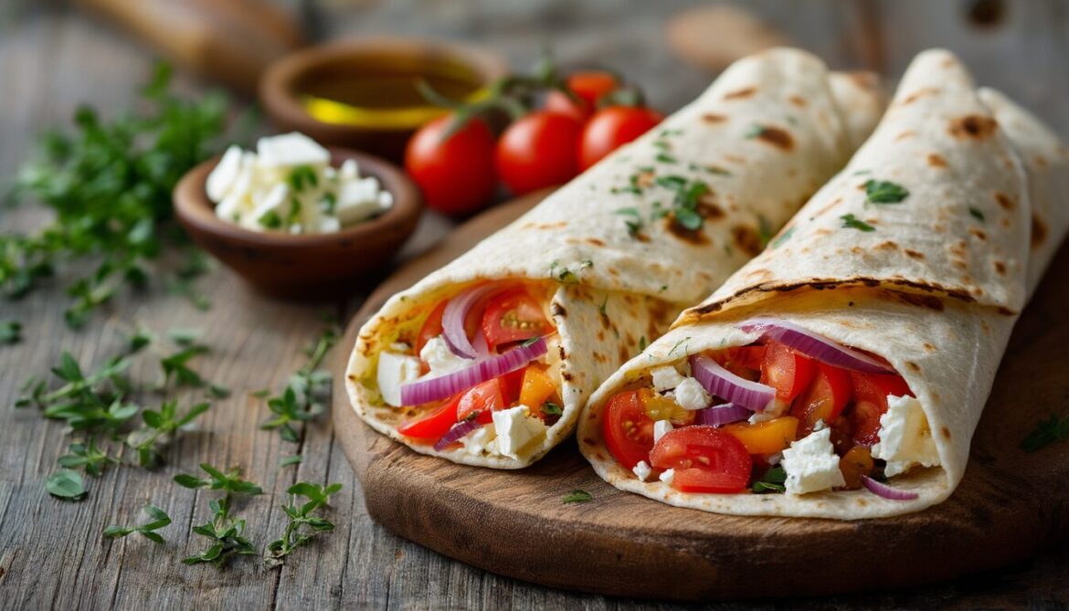 Halbierte Wraps gefüllt mit Feta, Tomatenwürfeln und roten Zwiebelringen auf einem Holzbrett