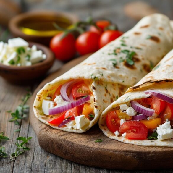 Wraps mit Feta, Tomaten & roten Zwiebeln in 15 Minuten Halbierte Wraps gefüllt mit Feta, Tomatenwürfeln und roten Zwiebelringen auf einem Holzbrett