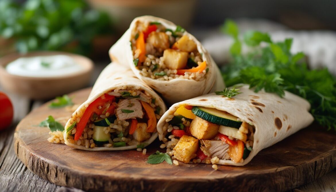 Aufgeschnittene Vollkorn-Wraps gefüllt mit gebratener Pute, Paprika, Zucchini und Vollkornreis auf einem Holzbrett