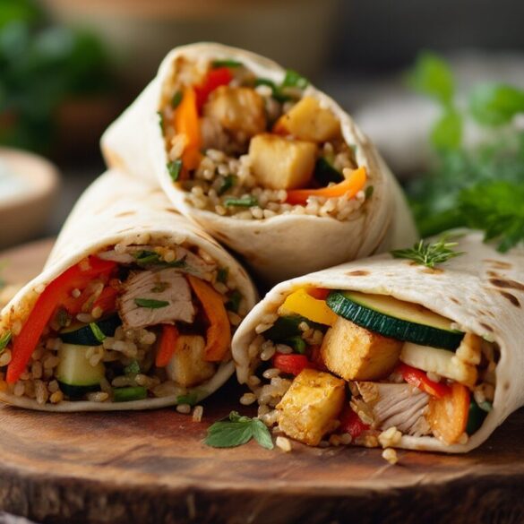 Wraps mit Pute, Gemüse und Reis: saftig in 30 Minuten Aufgeschnittene Vollkorn-Wraps gefüllt mit gebratener Pute, Paprika, Zucchini und Vollkornreis auf einem Holzbrett