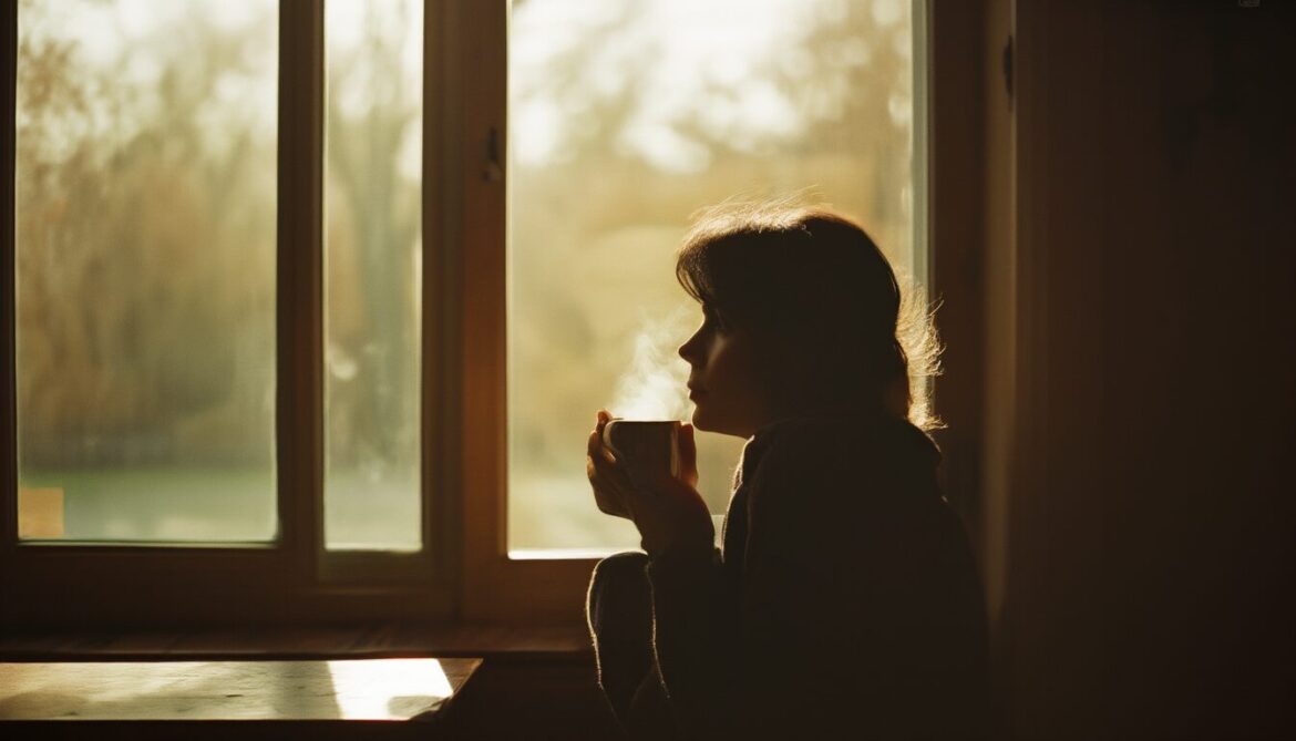 Person sitzt nachdenklich am Fenster im warmen Morgenlicht und hält eine Tasse mit beiden Händen – Symbol für das Verarbeiten schwieriger Gefühle in der Trauer