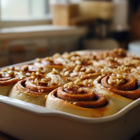 Zimtrollen mit Walnuss-Topping: fluffig selbst backen Frisch gebackene Zimtrollen mit knusprigem Walnuss-Topping in einer Backform