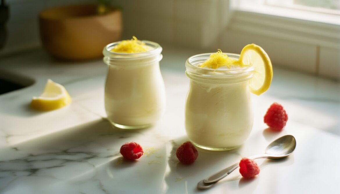 Zwei Gläser Zitronen-Mascarpone-Creme mit Zitronenabrieb, Zitronenscheibe und Himbeeren auf heller Marmorfläche