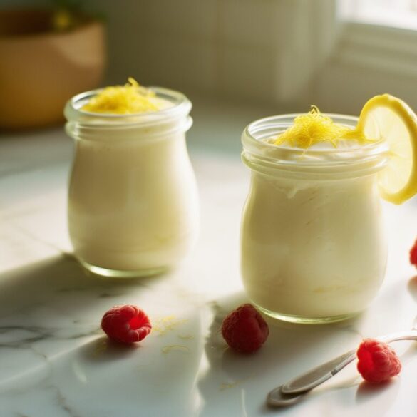 Zitronen-Mascarpone-Creme: cremig in 10 Minuten Zwei Gläser Zitronen-Mascarpone-Creme mit Zitronenabrieb, Zitronenscheibe und Himbeeren auf heller Marmorfläche