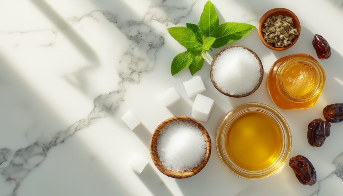 Würfelzucker neben Zuckeralternativen wie Stevia, Erythrit, Honig und Datteln auf heller Marmorfläche