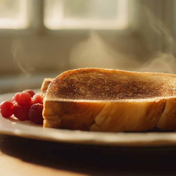 Arme Ritter Rezept: süßes Frühstück aus altem Brot Goldbraun gebratene Arme Ritter mit Zimt-Zucker und Beeren auf einem weißen Teller