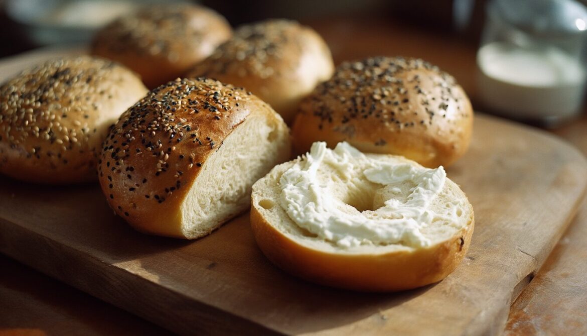 Frisch gebackene, mit Sesam und Mohn bestreute Bagels auf einem Holzbrett, einer aufgeschnitten und mit Frischkäse bestrichen.