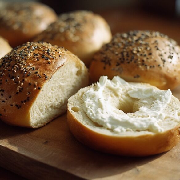 Frisch gebackene, mit Sesam und Mohn bestreute Bagels auf einem Holzbrett, einer aufgeschnitten und mit Frischkäse bestrichen.