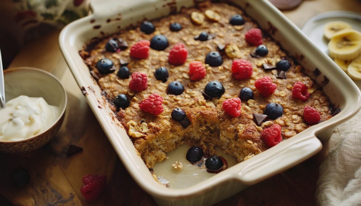 Gebackene Haferflocken mit Beeren und Nüssen in einer Auflaufform, eine Portion entnommen