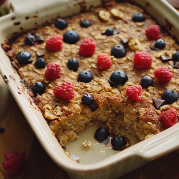 Gebackene Haferflocken mit Beeren und Nüssen in einer Auflaufform, eine Portion entnommen