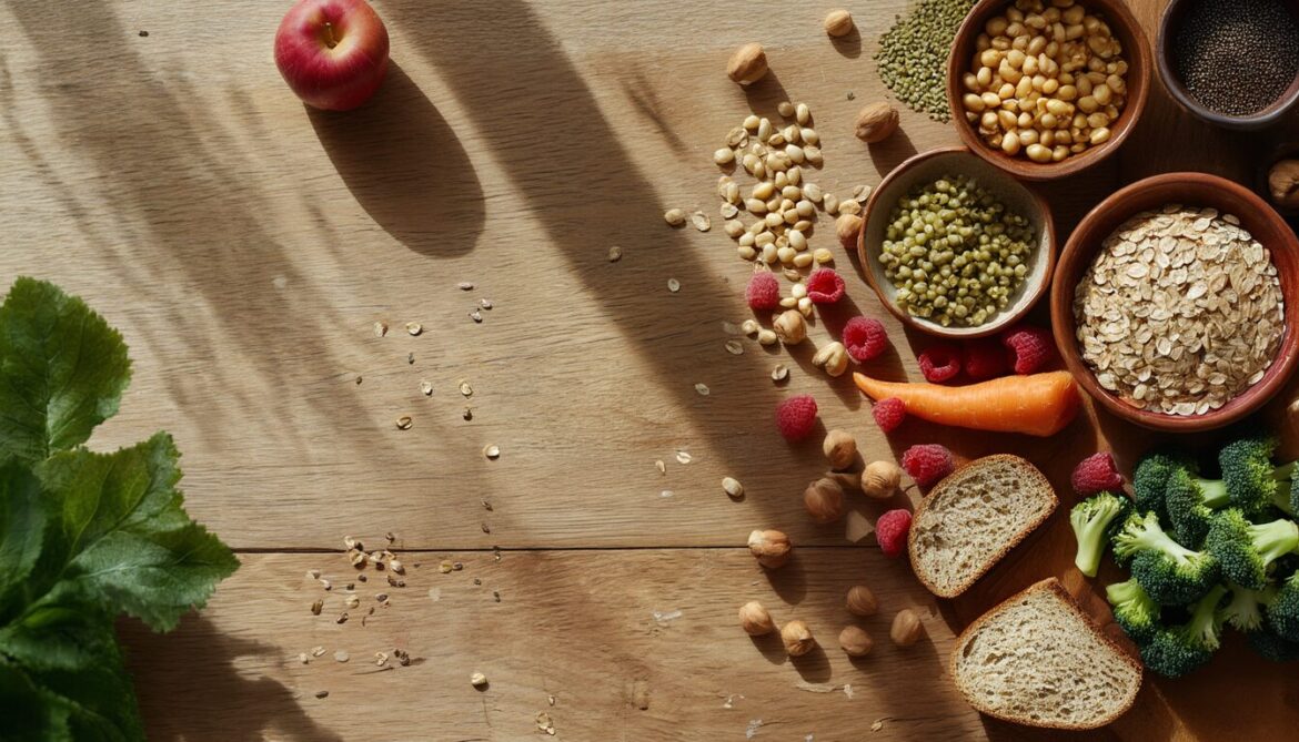 Ballaststoffreiche Lebensmittel auf einem Holztisch: Schalen mit Linsen, Kichererbsen und Haferflocken, Leinsamen, Vollkornbrot, Himbeeren, Karotten und Brokkoli