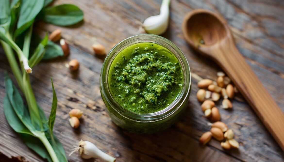 Selbst gemachtes Bärlauchpesto im Glas mit Olivenölschicht, daneben frische Bärlauchblätter und geröstete Pinienkerne auf einem Holztisch