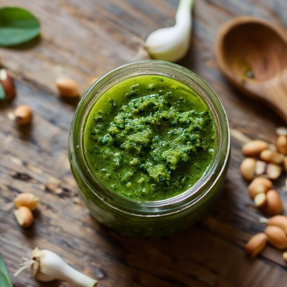 Selbst gemachtes Bärlauchpesto im Glas mit Olivenölschicht, daneben frische Bärlauchblätter und geröstete Pinienkerne auf einem Holztisch