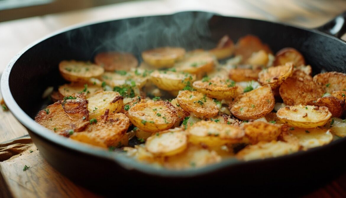 Knusprige goldbraune Bratkartoffeln mit Zwiebeln und Petersilie in einer Eisenpfanne