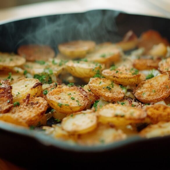 Knusprige goldbraune Bratkartoffeln mit Zwiebeln und Petersilie in einer Eisenpfanne