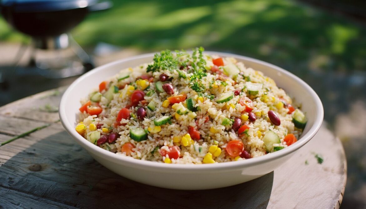 Bunter Reissalat mit Paprika, Tomaten, Mais und Bohnen in einer weißen Schüssel auf einem Gartentisch