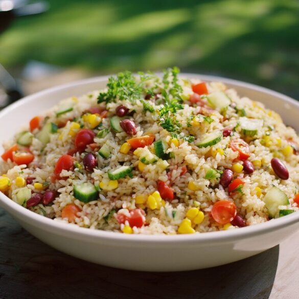 Bunter Reissalat mit Paprika, Tomaten, Mais und Bohnen in einer weißen Schüssel auf einem Gartentisch